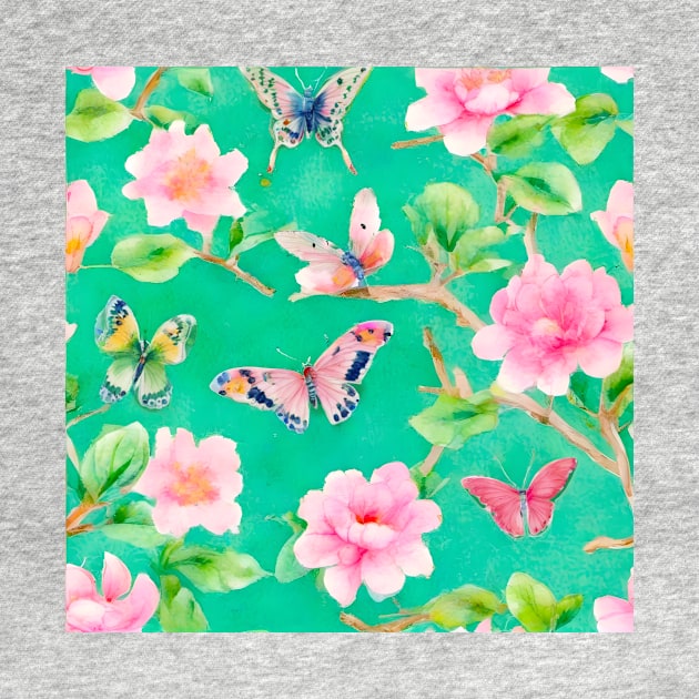 Preppy pink and green chinoiserie with peonies and butterflies by SophieClimaArt